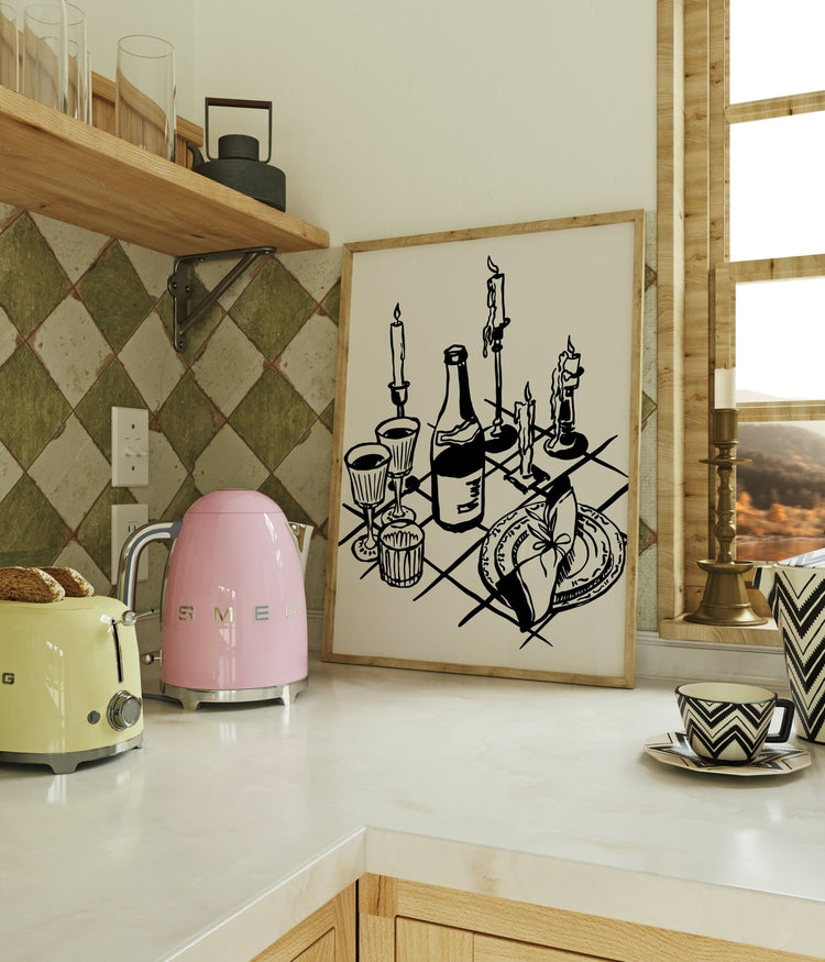 Cosy Dinner Black and White Kitchen Poster
