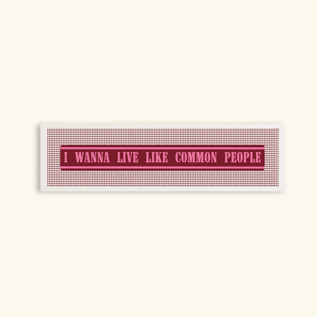 Common People Framed Panoramic Print featuring music-inspired typography wall art in a white frame