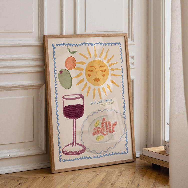Girls Just Wanna Have Sun wall art displayed in a bright modern bedroom