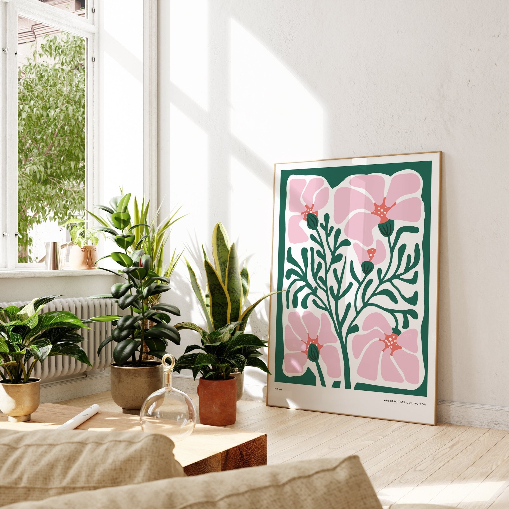 Green and Pink Abstract Flowers Print | Unique Wall Art from