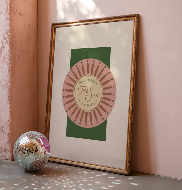 Here Comes the Sun Little Darlin' typography art print with retro sun motif for kitchen decor