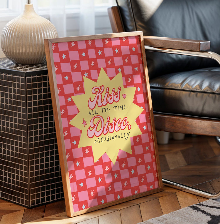 Kiss All The Time, Disco Occasionally Print framed in a modern living room