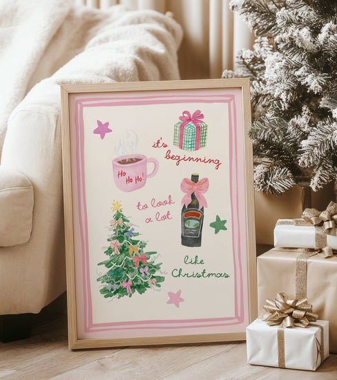 Pink Christmas Illustrations Print
