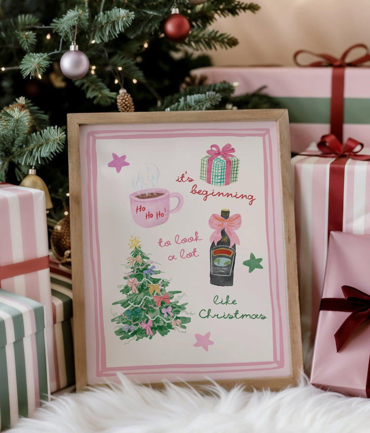 Pink Christmas Illustrations Print