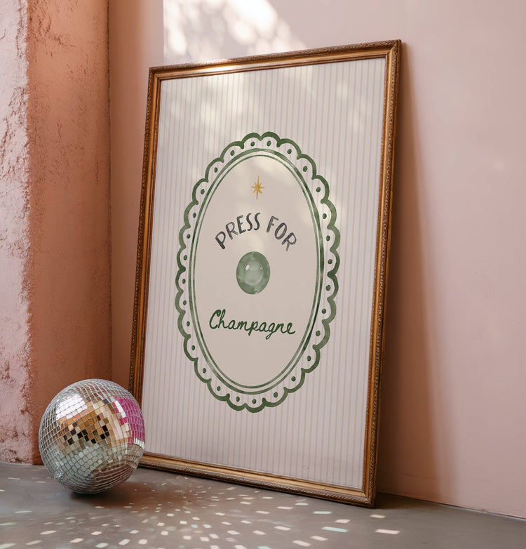 Deep forest green Press for Champagne typography print; a sophisticated emerald green wall art piece for a modern kitchen or home bar
