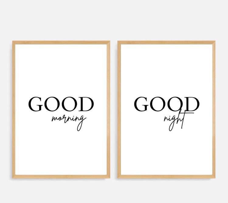 Good Morning Good Night Set of 2 Bedroom Prints Above Bed