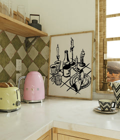 Cosy Dinner Black and White Kitchen Poster