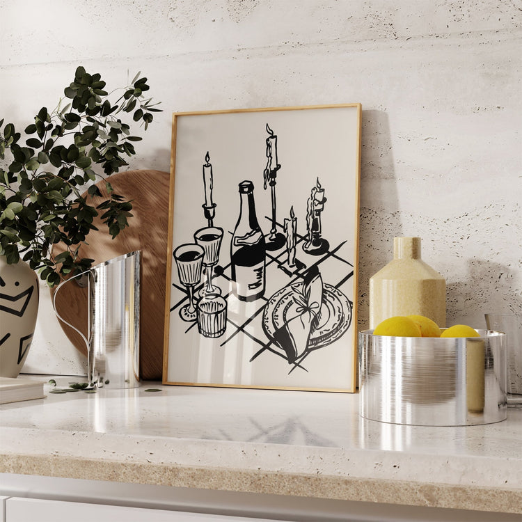 Cosy Dinner Black and White Kitchen Print