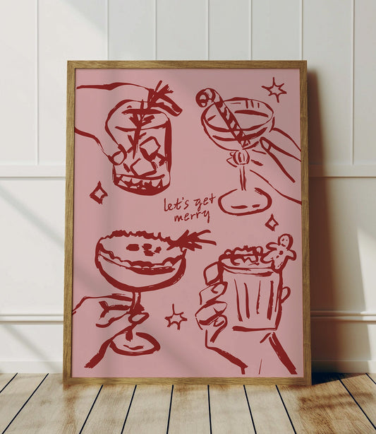 Christmas Cocktails Pink & Red Print
