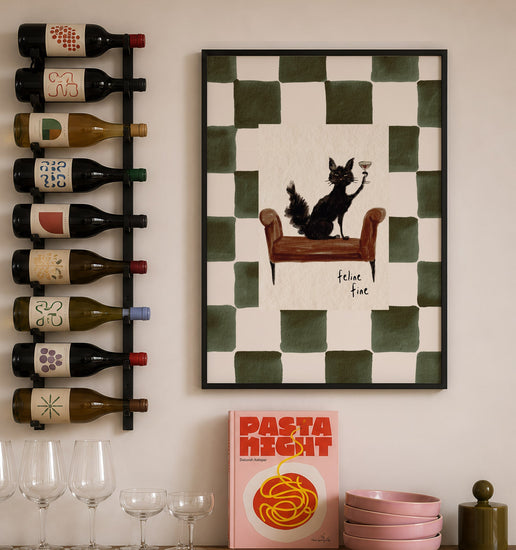 Feline Fine Cat wall art displayed in a modern living room or bedroom interior
