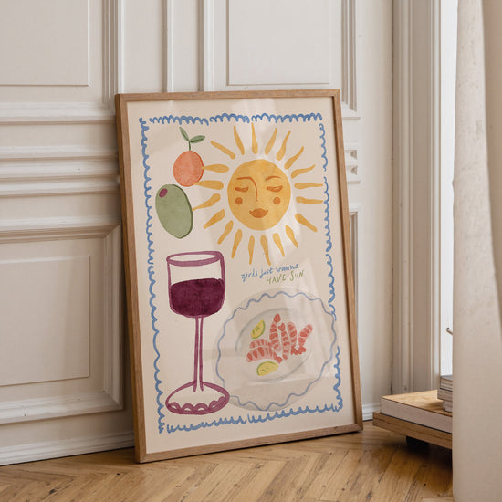 Girls Just Wanna Have Sun wall art displayed in a bright modern bedroom