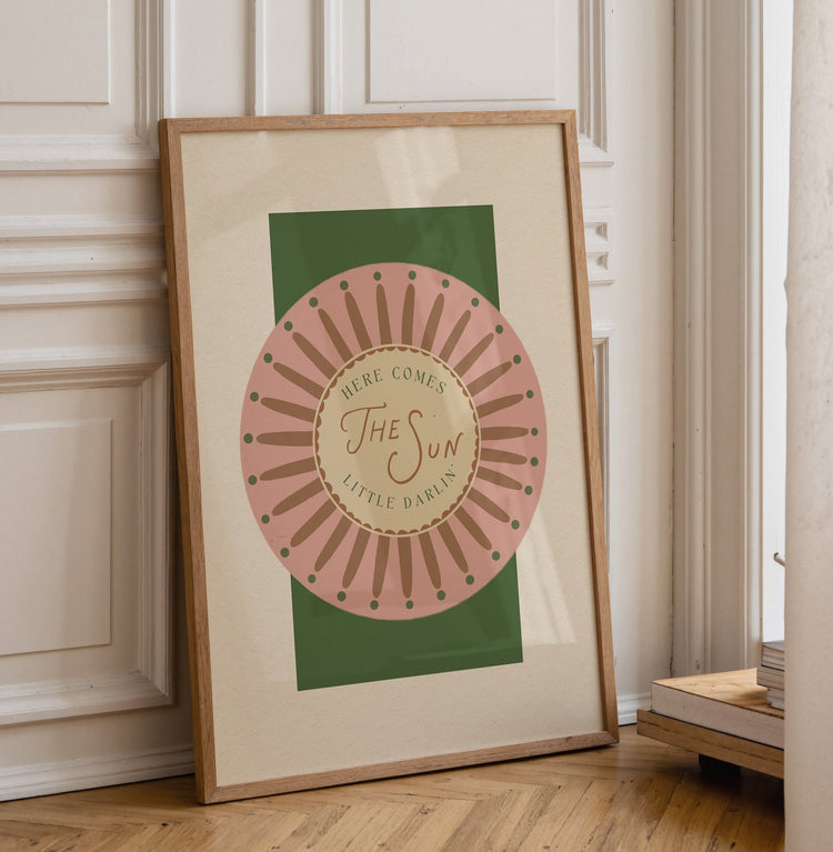 George Harrison inspired Here Comes the Sun lyrics art print; a retro 70s sunburst typography poster for music lovers and indie gallery walls by Moonshine Prints.