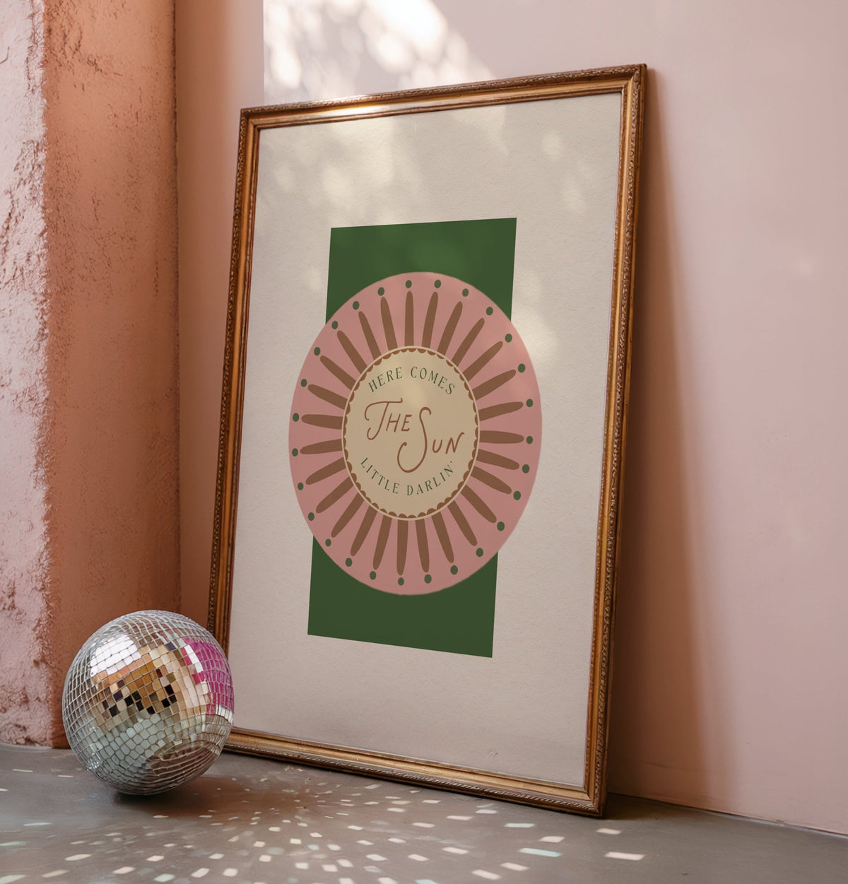 Here Comes the Sun Little Darlin' typography art print with retro sun motif for kitchen decor