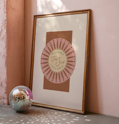 Unique personalised housewarming gift idea: Here Comes the Sun retro typography print, handmade in Chester UK with high-quality archival inks and premium paper.