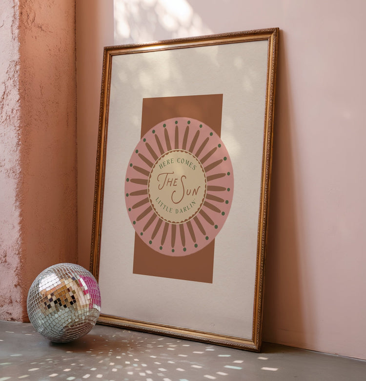 Unique personalised housewarming gift idea: Here Comes the Sun retro typography print, handmade in Chester UK with high-quality archival inks and premium paper.