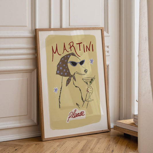 Martini Please Whippet Print featuring a stylish whippet and martini-themed quote