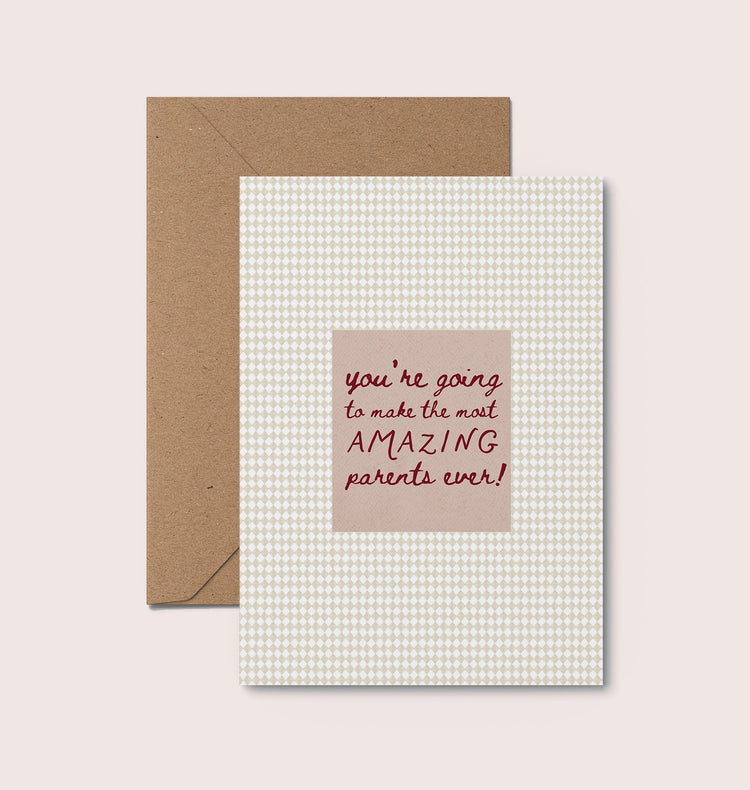 The Most Amazing Parents Ever card shown with a recycled kraft envelope, part of the Moonshine Prints New Baby collection.