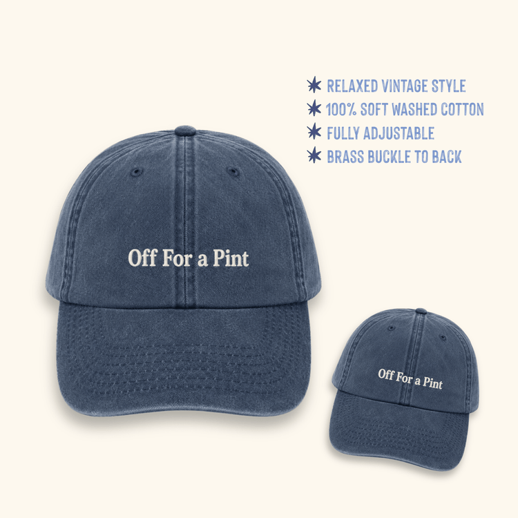 Off For A Pint cotton cap showing premium embroidered lettering and brass buckle fastening
