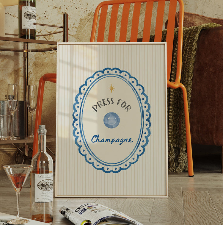 blue Press for Champagne art print; a classic royal blue chic poster for a nautical-themed bathroom or bar cart gallery wall.
