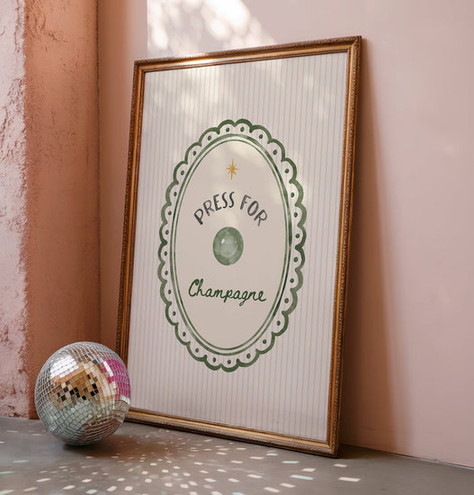 Deep forest green Press for Champagne typography print; a sophisticated emerald green wall art piece for a modern kitchen or home bar