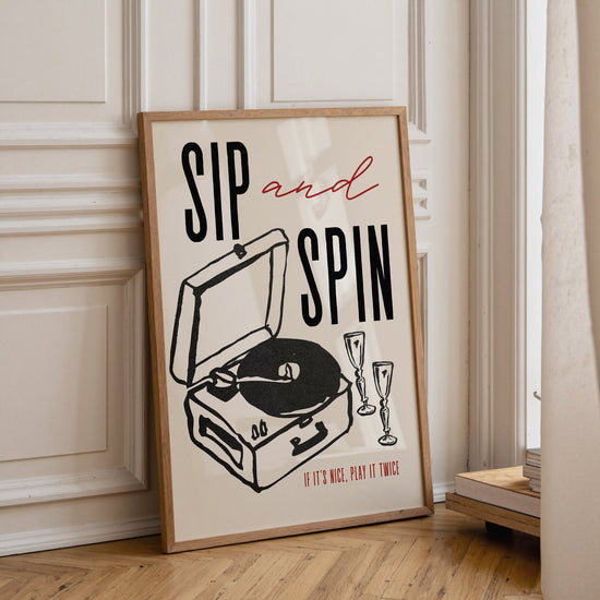 Sip and Spin Record Print featuring a vinyl record inspired typography design