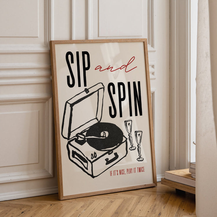 Sip and Spin Record Print featuring a vinyl record inspired typography design
