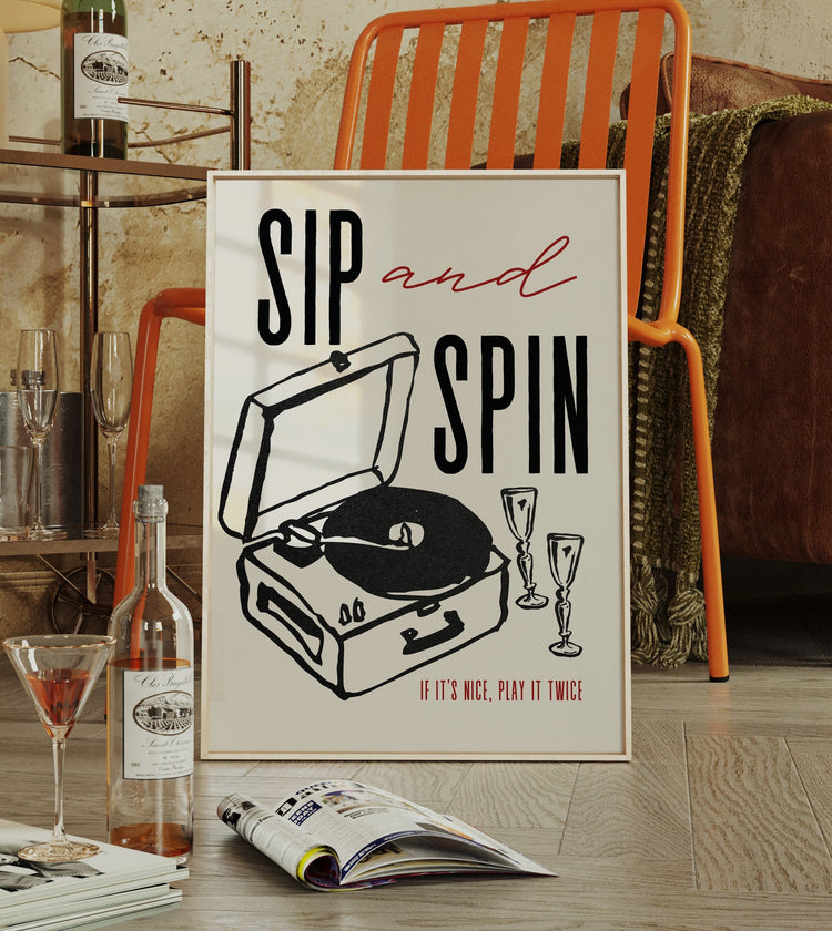 Sip and Spin Record wall art displayed in a stylish music room or living room