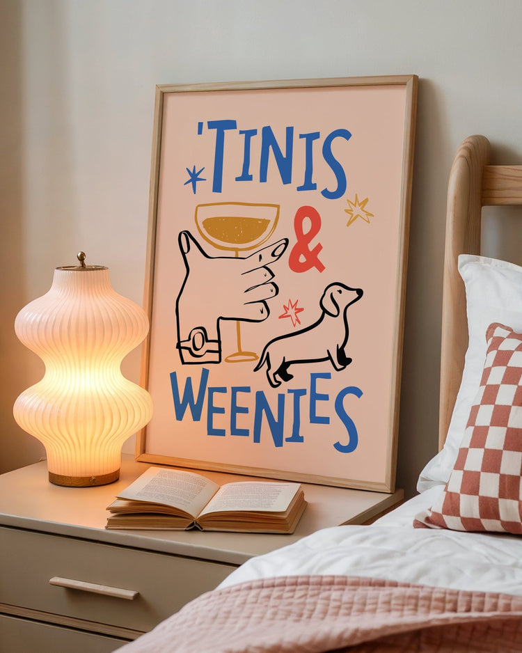 Tinis and Weenies wall art displayed in a stylish bedroom