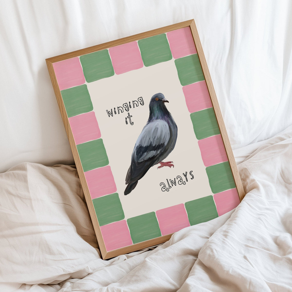 Winging It Pigeon Print featuring a humorous pigeon illustration and playful typography