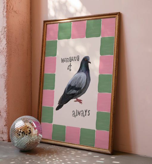 Close-up of Winging It Pigeon Print printed on premium 230gsm matte paper