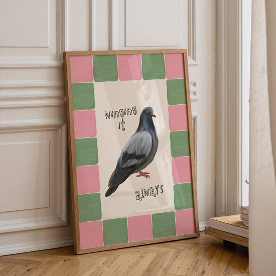 Winging It Pigeon wall art displayed in a stylish home interior