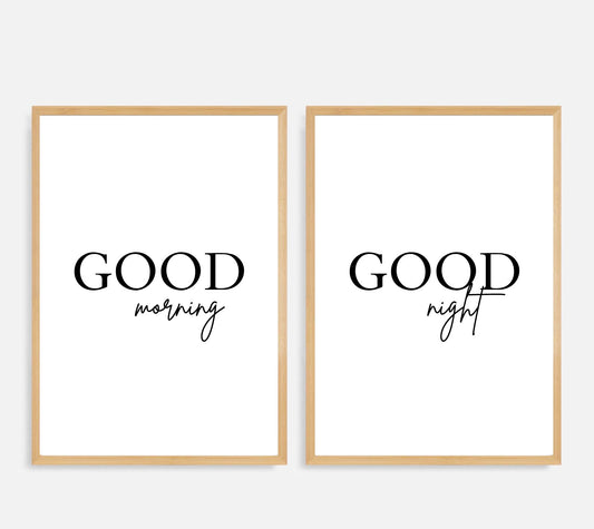 Good Morning Good Night Set of 2 Bedroom Prints Above Bed