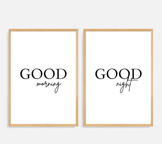 Good Morning Good Night Set of 2 Bedroom Prints Above Bed