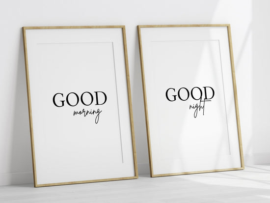 Good Morning Good Night Set of 2 Bedroom Prints Above Bed