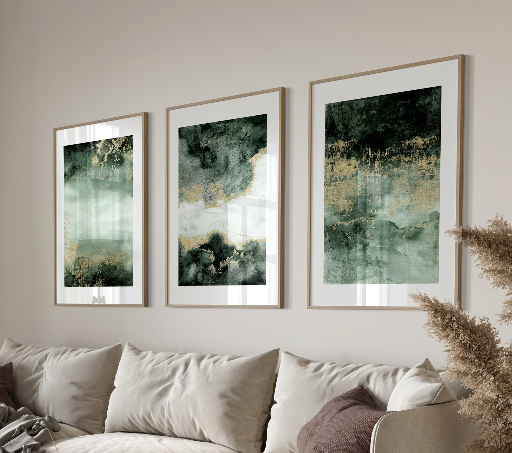 Wall Art Set of Three Green Living Room Prints | Unique Wall Art from ...