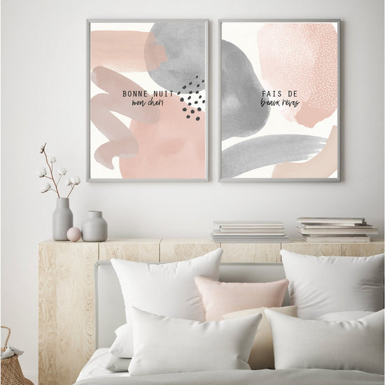 pink and grey wall art for bedroom